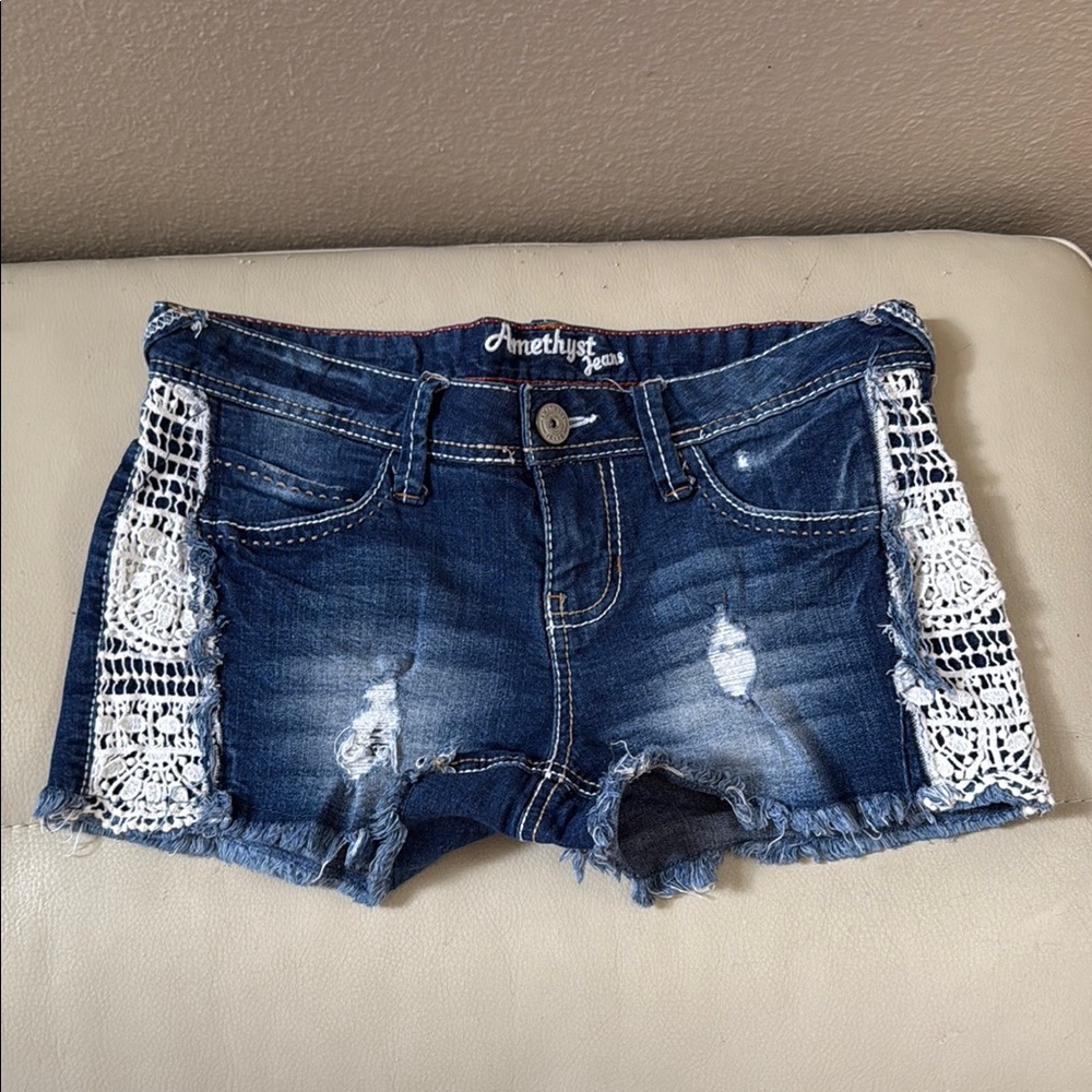 Amethyst Jeans Blue and White Jean Shorts with Lace Panels